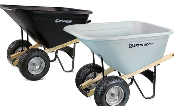 one black and one gray wheelbarrow